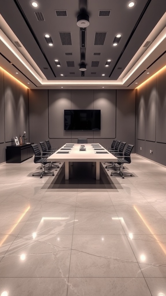 A modern conference room featuring a long black table surrounded by ergonomic chairs, sleek epoxy floors, and a minimalist design.