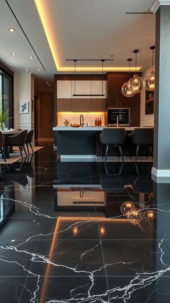 Modern kitchen featuring sleek dark epoxy flooring with a glossy finish.