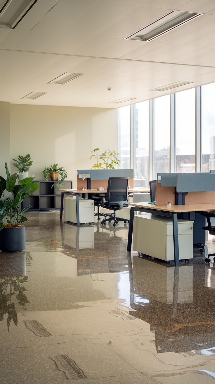 A modern office space featuring sleek flake patterns on the floor, surrounded by plants and natural light.