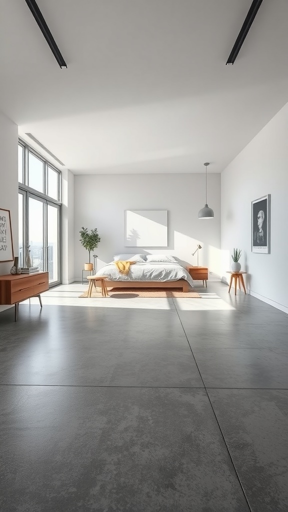A modern bedroom featuring a sleek grey epoxy floor, bright natural light, and minimalist furniture.
