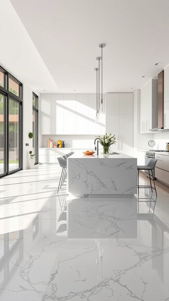 Modern kitchen with sleek grey marble effect epoxy floors and a stylish kitchen island