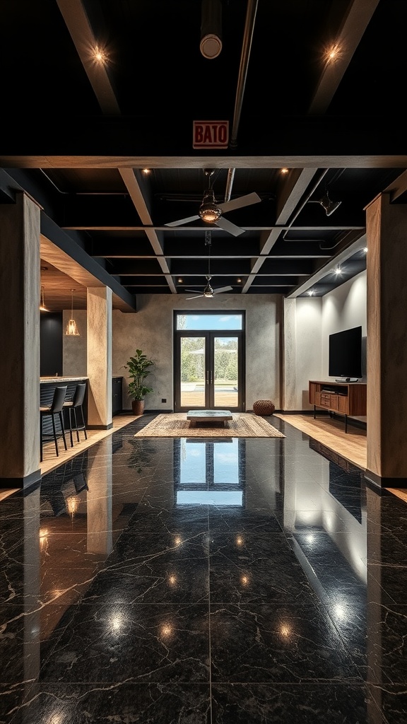 Modern basement interior with sleek high-gloss epoxy flooring and black ceiling
