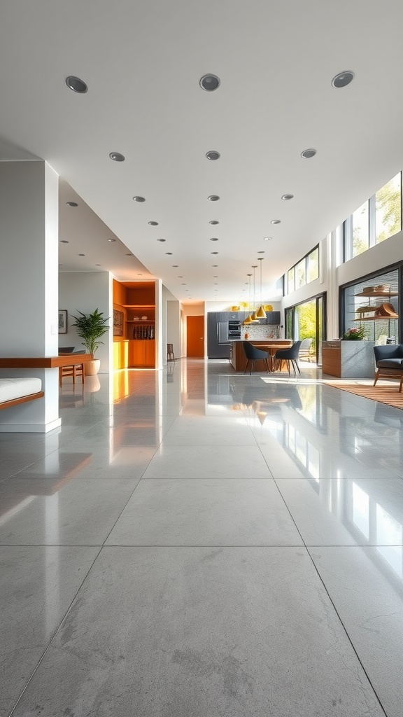 A modern interior with polished concrete flooring, showcasing sleek design and bright lighting.