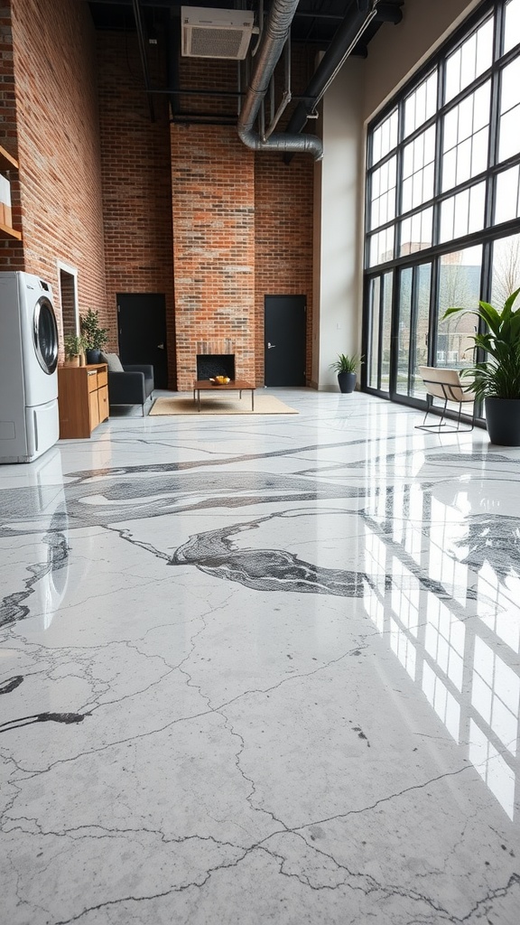 Sleek marble epoxy floor in an industrial-style room with large windows and brick walls
