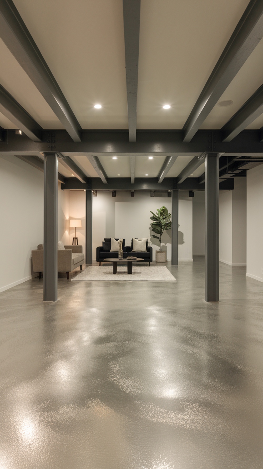 A modern basement with metallic epoxy flooring and stylish furniture.