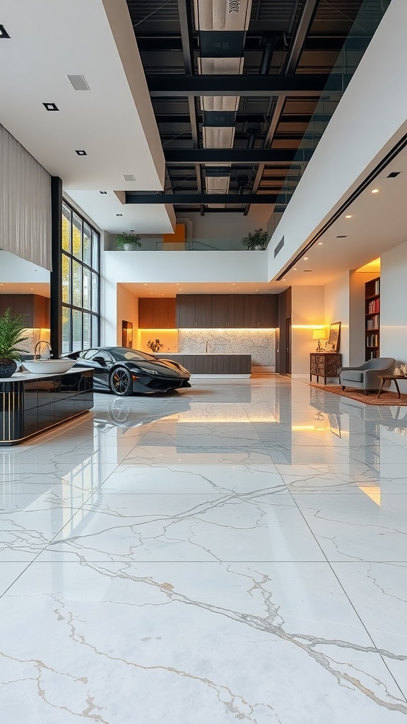 A modern living space featuring a shiny marble epoxy floor, large windows, and sleek furniture.