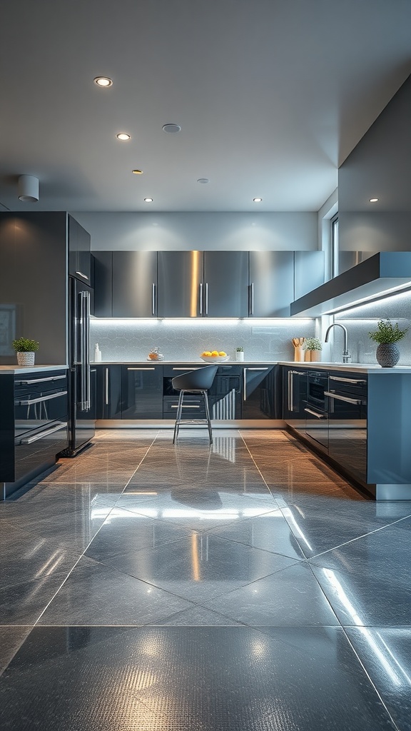 Modern kitchen with sleek metallic epoxy floor finish