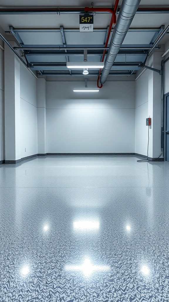 A sleek metallic epoxy floor in a garage setting, showcasing a shiny, reflective surface.
