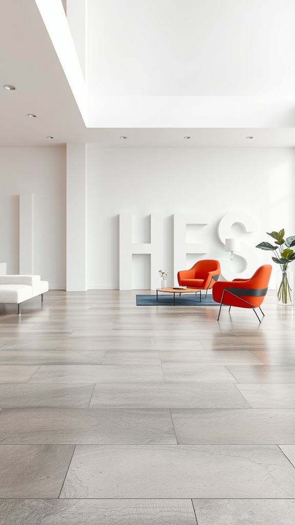 A modern interior with sleek metallic epoxy flooring and vibrant orange chairs.
