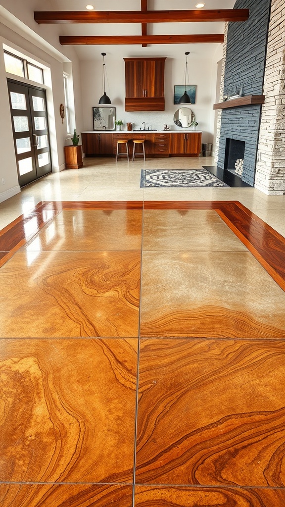 A beautifully designed interior featuring sleek metallic epoxy floor finishes in warm tones, complementing a modern kitchen.
