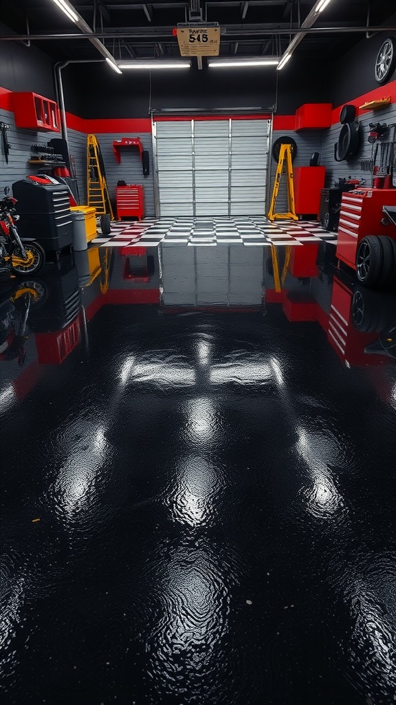 A garage featuring a sleek black epoxy floor, illuminated by overhead lights, with red accents on the walls and tools.