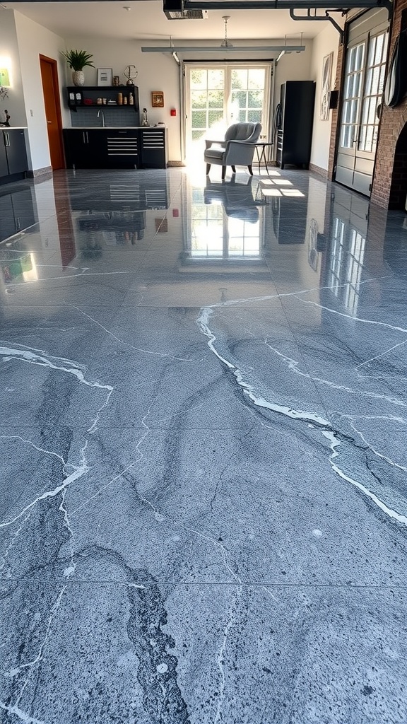 A sleek metallic marbled epoxy floor in a modern garage setting.