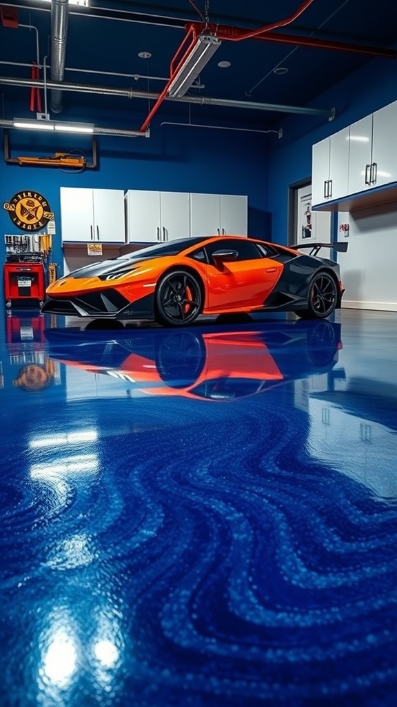 A modern garage featuring a dark blue metallic epoxy floor and an orange sports car.