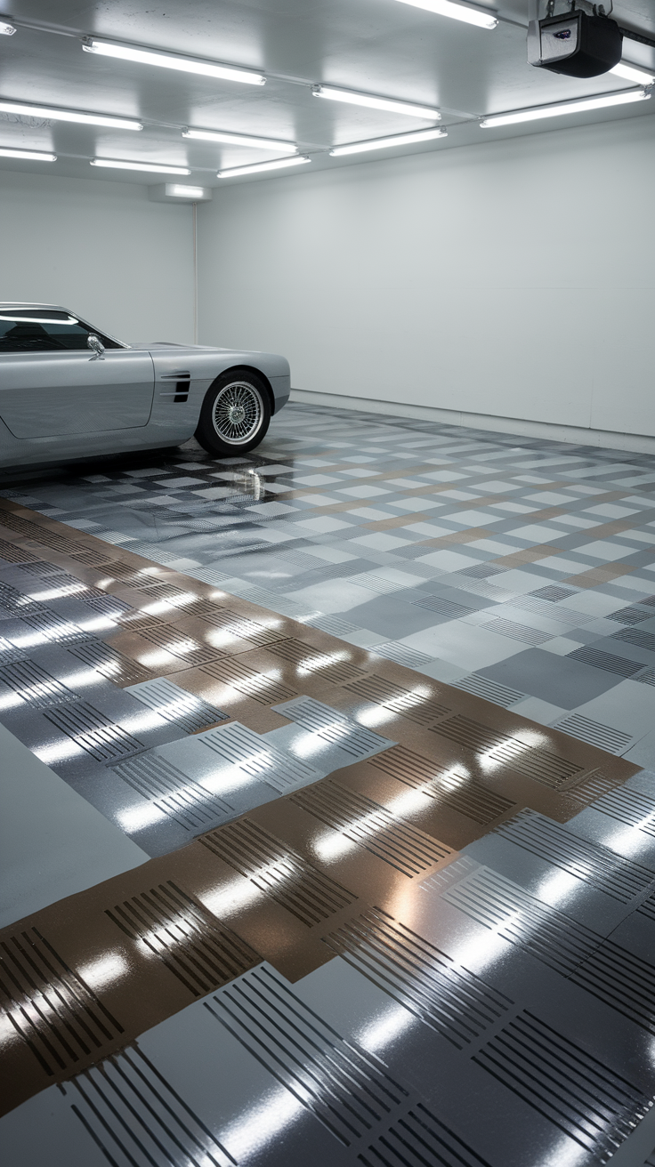 A modern garage with a metallic epoxy floor and a classic car.