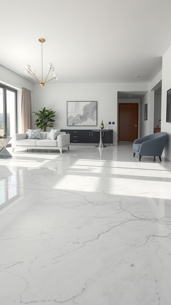 A modern living room featuring sleek white and grey epoxy flooring, showcasing a contemporary aesthetic.
