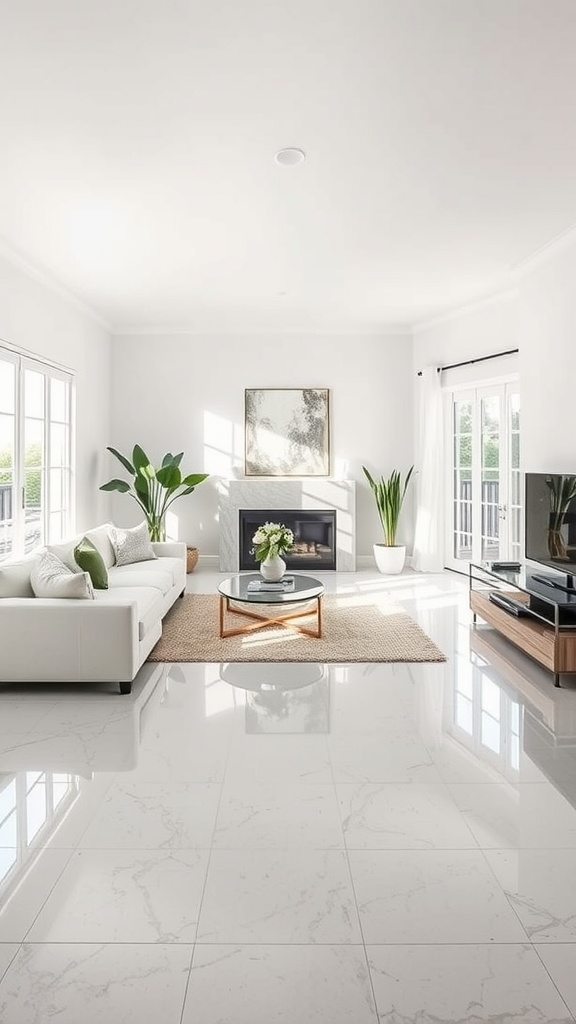 Modern living room with sleek epoxy flooring, minimalist furniture, and decorative artwork.