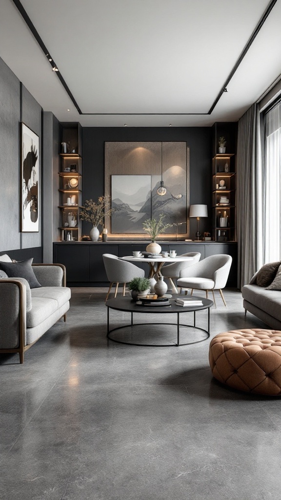 A modern living room featuring a gray epoxy finish floor and stylish furniture.