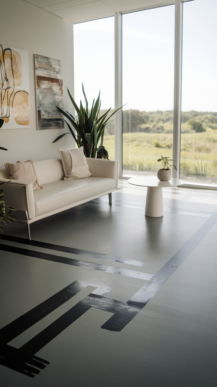 A living room with a sleek grey epoxy floor, featuring modern furniture and large windows.