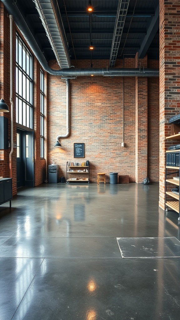 Modern industrial space featuring shiny epoxy flooring and exposed brick walls