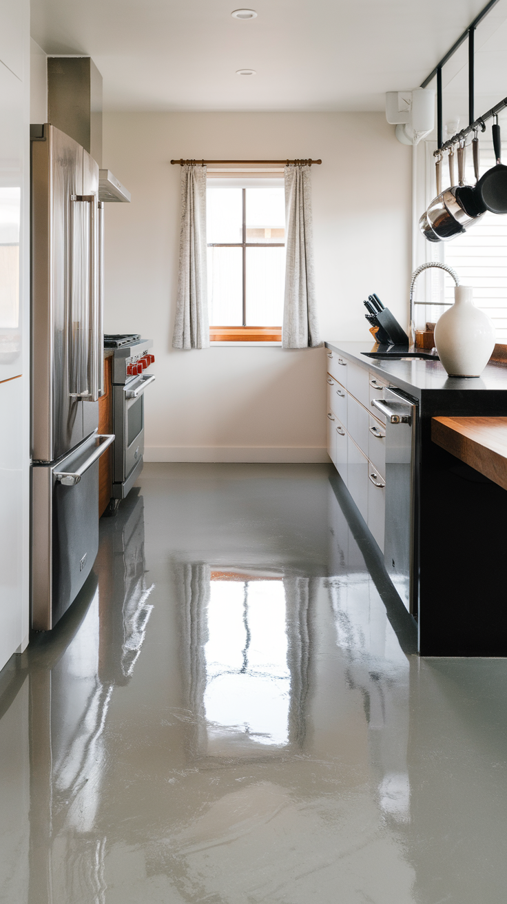 A sleek modern kitchen with gray epoxy flooring, stainless steel appliances, and a bright window.