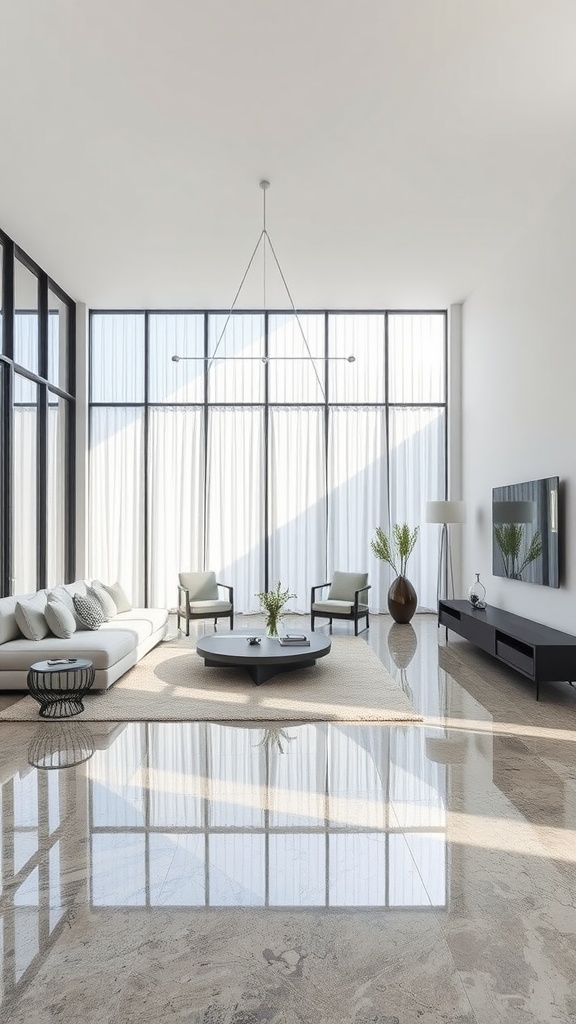 Modern living room with sleek epoxy floors and minimalist furniture