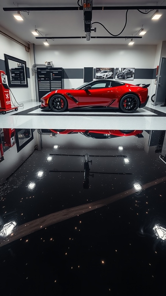 A sleek monochrome epoxy garage floor reflecting light, with a red sports car parked inside a stylish garage.