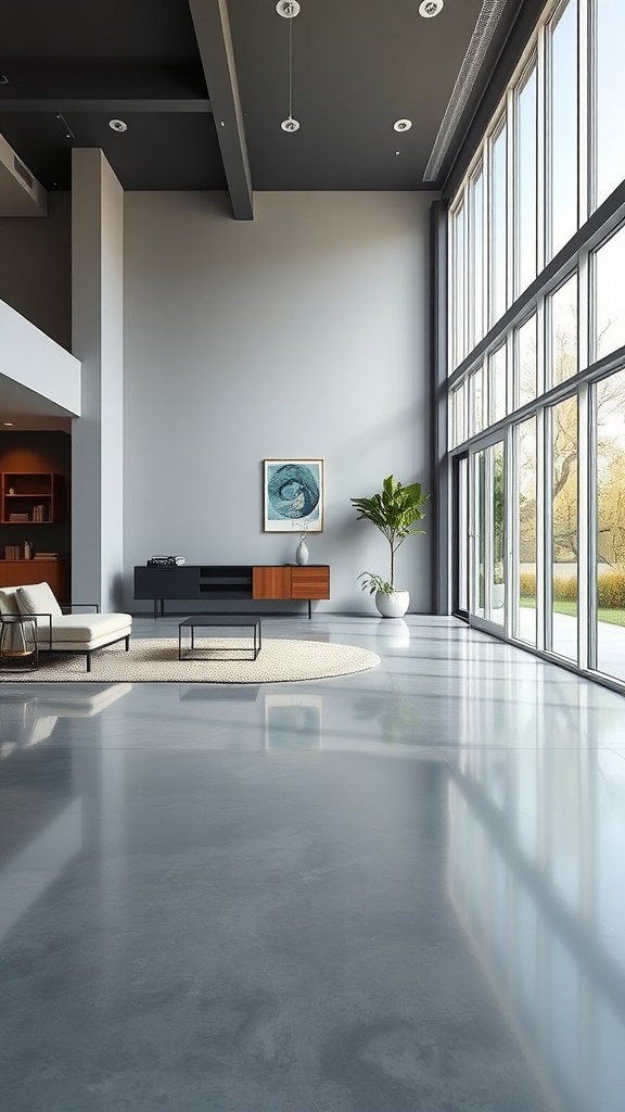 Modern living room with sleek polished concrete floor