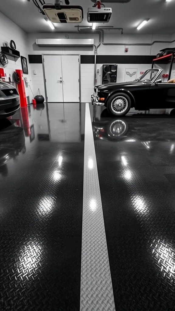 A sleek black epoxy garage floor with a racing stripe design, showcasing luxury cars in a modern garage interior.