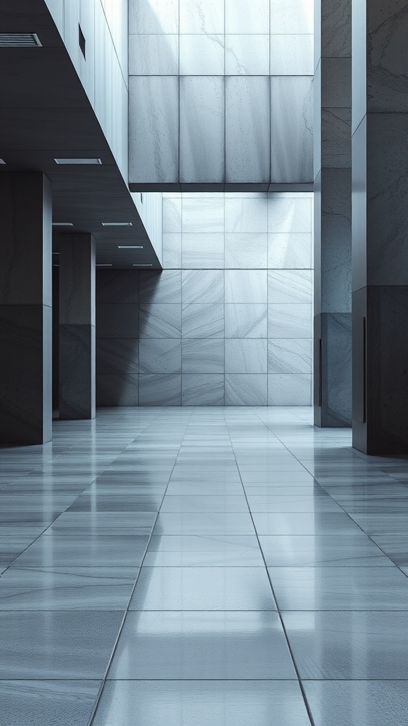 A modern interior showcasing sleek urban concrete flooring with large tiles and reflective surfaces.