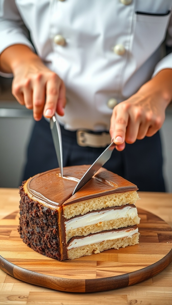 A chef slicing a Neapolitan cake
