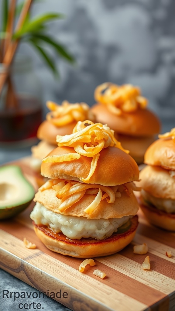 Delicious ham and cheese Hawaiian sliders topped with crispy fried onions.