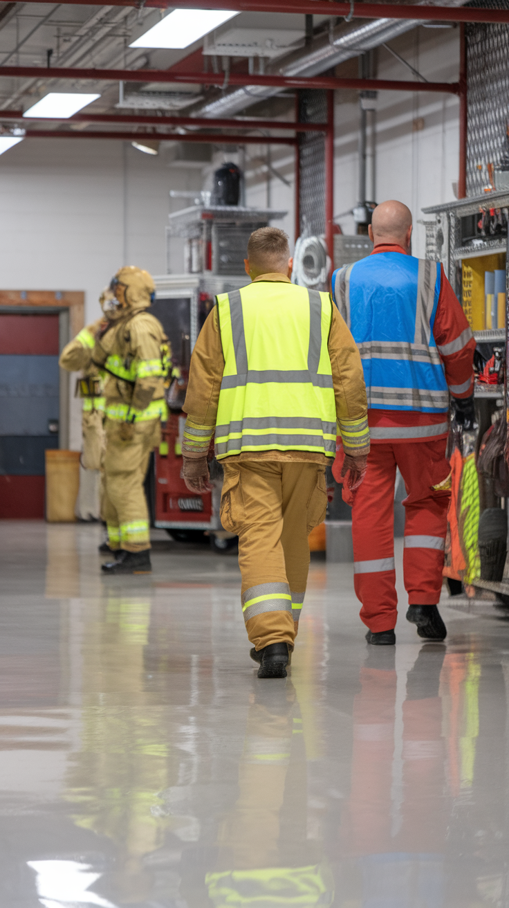 Emergency response team members walking on slip-resistant epoxy flooring