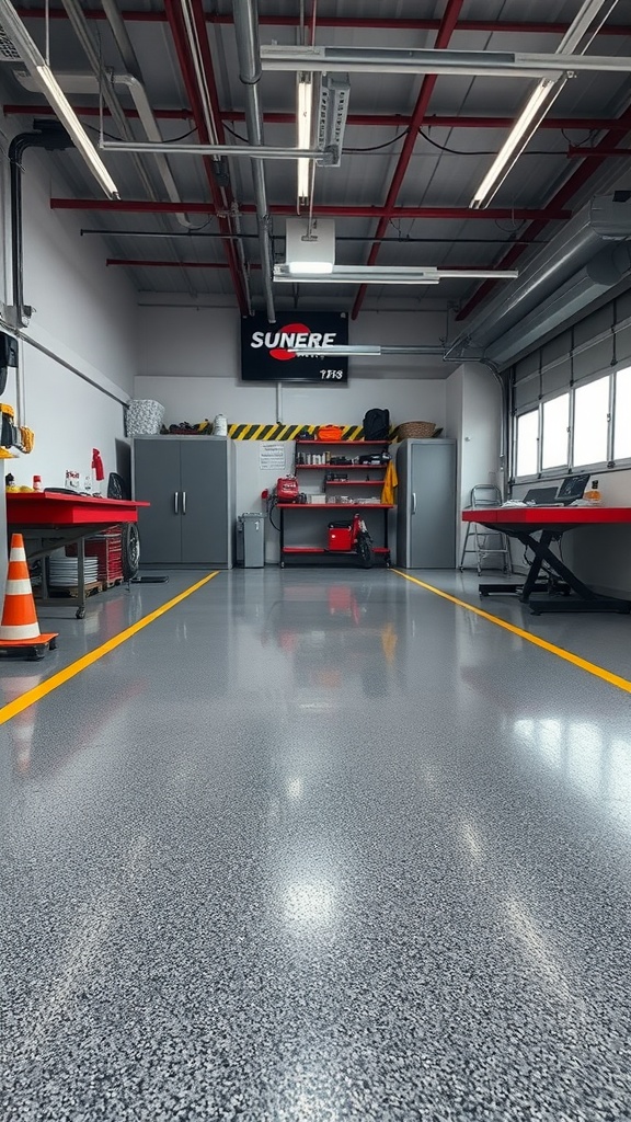 A bright workshop with slip-resistant epoxy flooring, featuring yellow safety lines and organized tools.