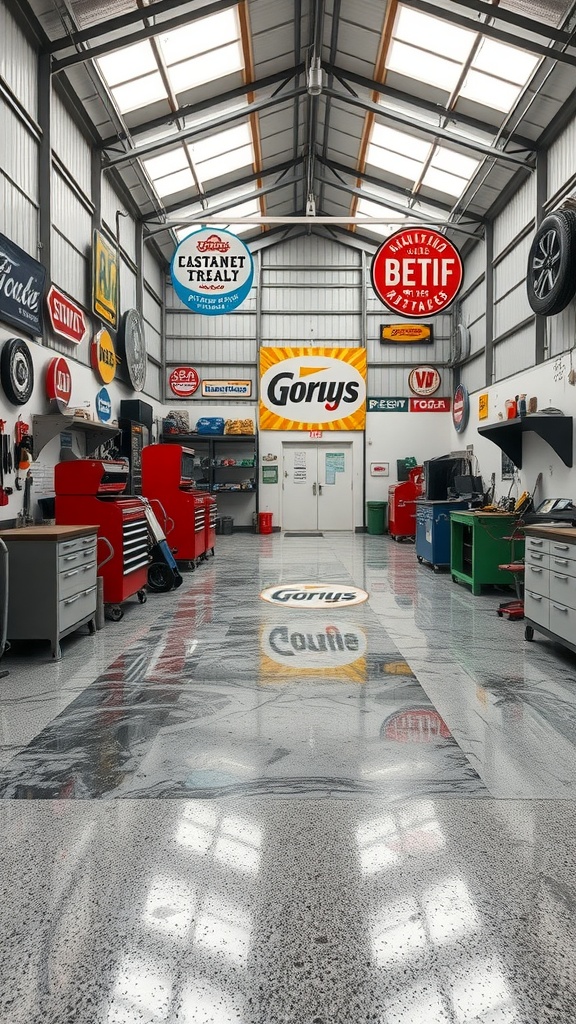 A well-organized workshop with slip-resistant epoxy flooring, showcasing various tools and vibrant signage.