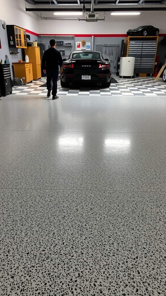 A speckled epoxy garage floor with a black car in a modern garage