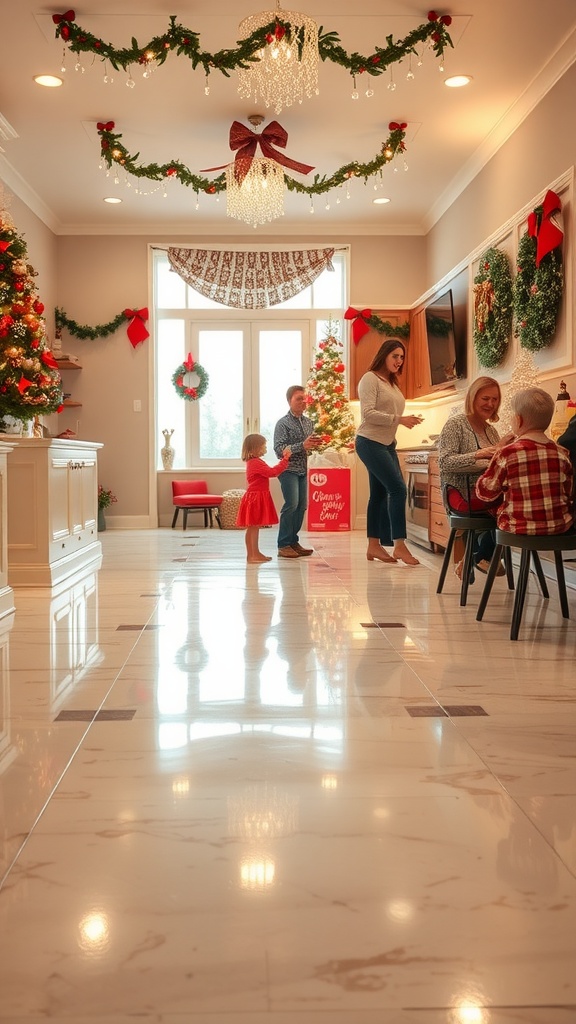 A festive holiday scene featuring decorated trees and a family enjoying time together in a kitchen with shiny epoxy floors.