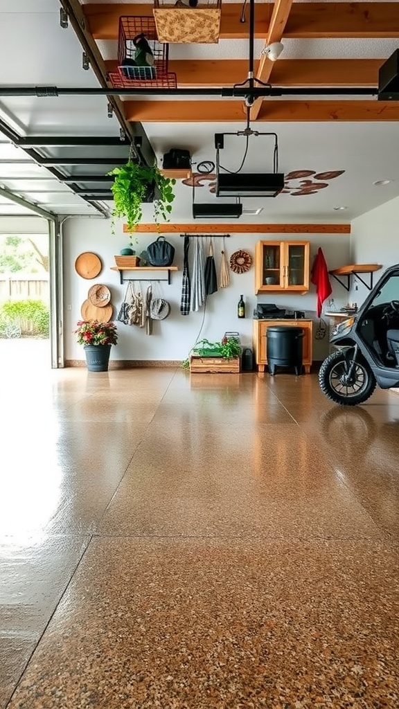 A modern garage with a slip-resistant epoxy floor, showcasing a stylish, functional design.