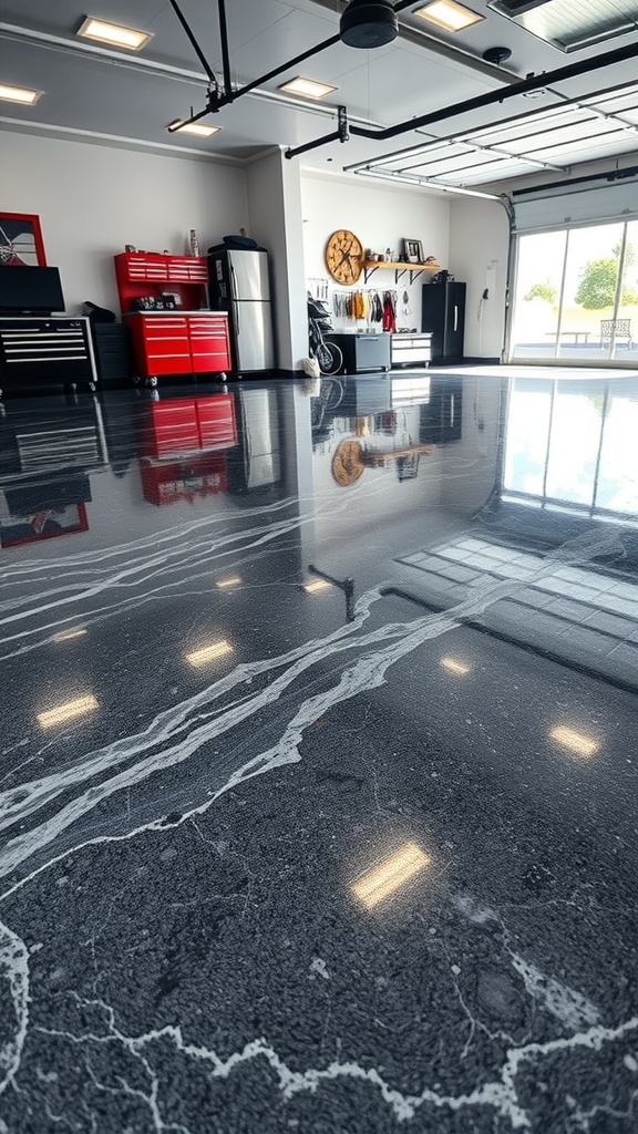 A modern garage with a charcoal epoxy floor featuring a marbled texture, reflecting light and showcasing a stylish interior.