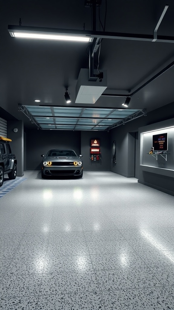 Modern garage with slip-resistant epoxy flooring and stylish design.