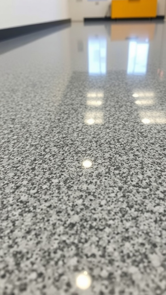 A shiny gray epoxy garage floor reflecting light