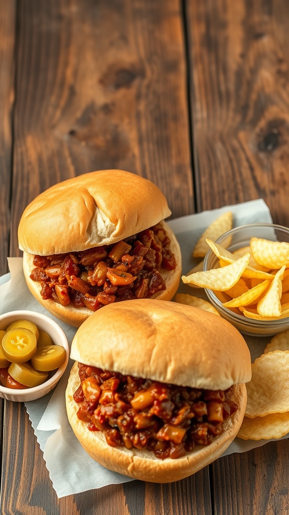Two delicious Sloppy Joe sandwiches with ground beef filling, served with pickles and chips.