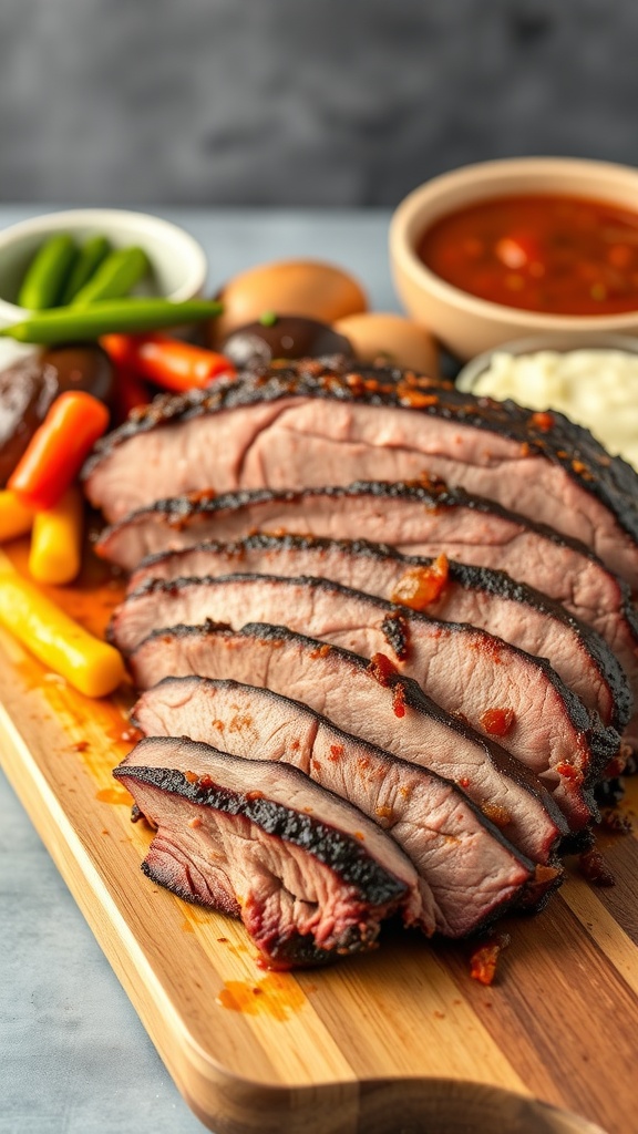 A beautifully sliced BBQ beef brisket served with colorful vegetables and sauces.