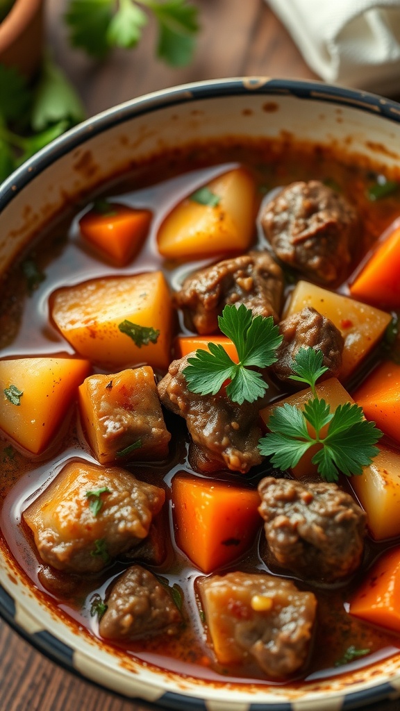 A bowl of hearty beef stew with root vegetables.