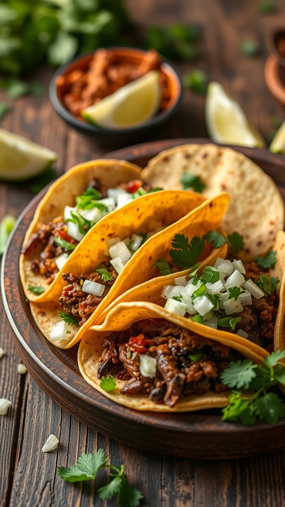 Slow Cooker Barbacoa Tacos served with toppings.