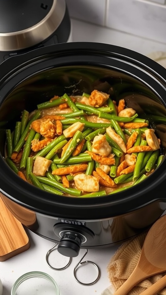 A slow cooker filled with green bean casserole ingredients