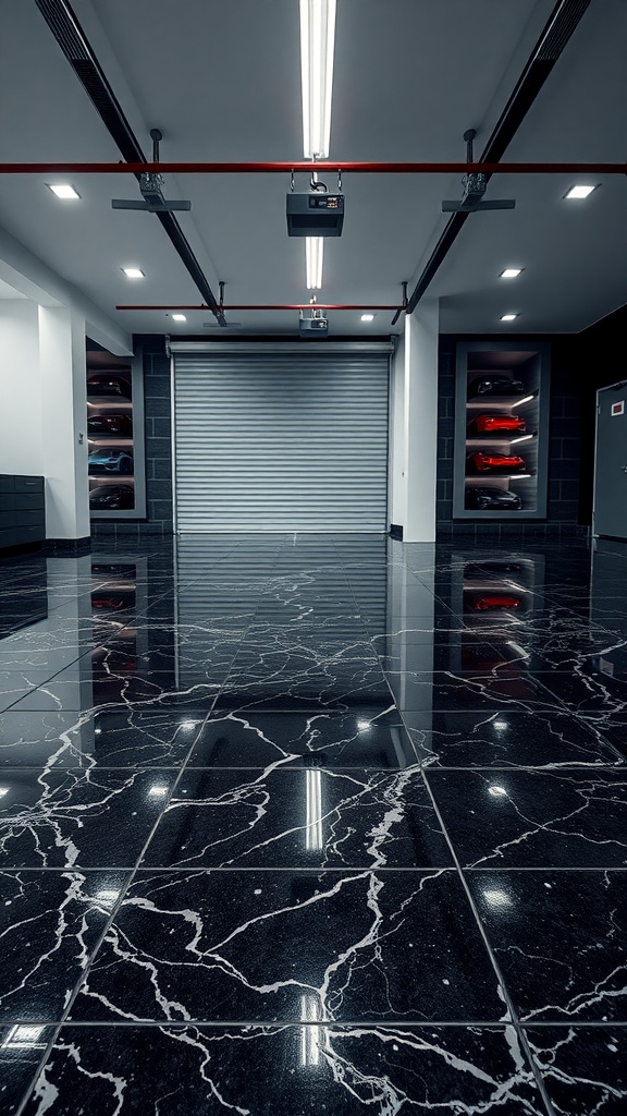 A modern garage with a shiny black marble epoxy floor, showcasing sleek design and professional lighting.
