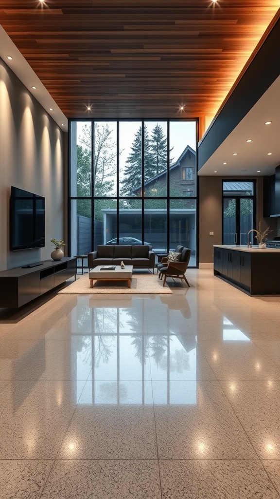 A modern living space showcasing epoxy floors, architectural lighting, and large windows