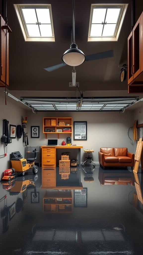 A modern garage with dark epoxy floor, transom windows, and a cozy seating area.