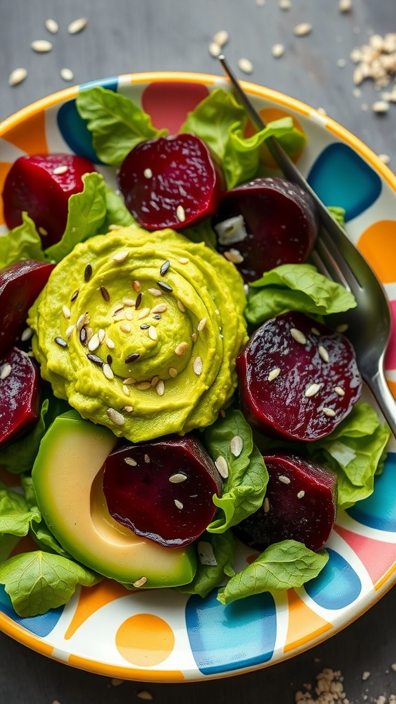 A colorful plate of smashed avocado and beetroot salad featuring fresh greens and sesame seeds.