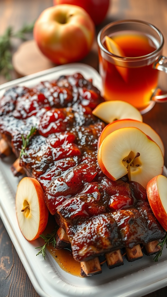 Smoked Apple Cider Ribs on a platter with apple slices and a cup of apple cider